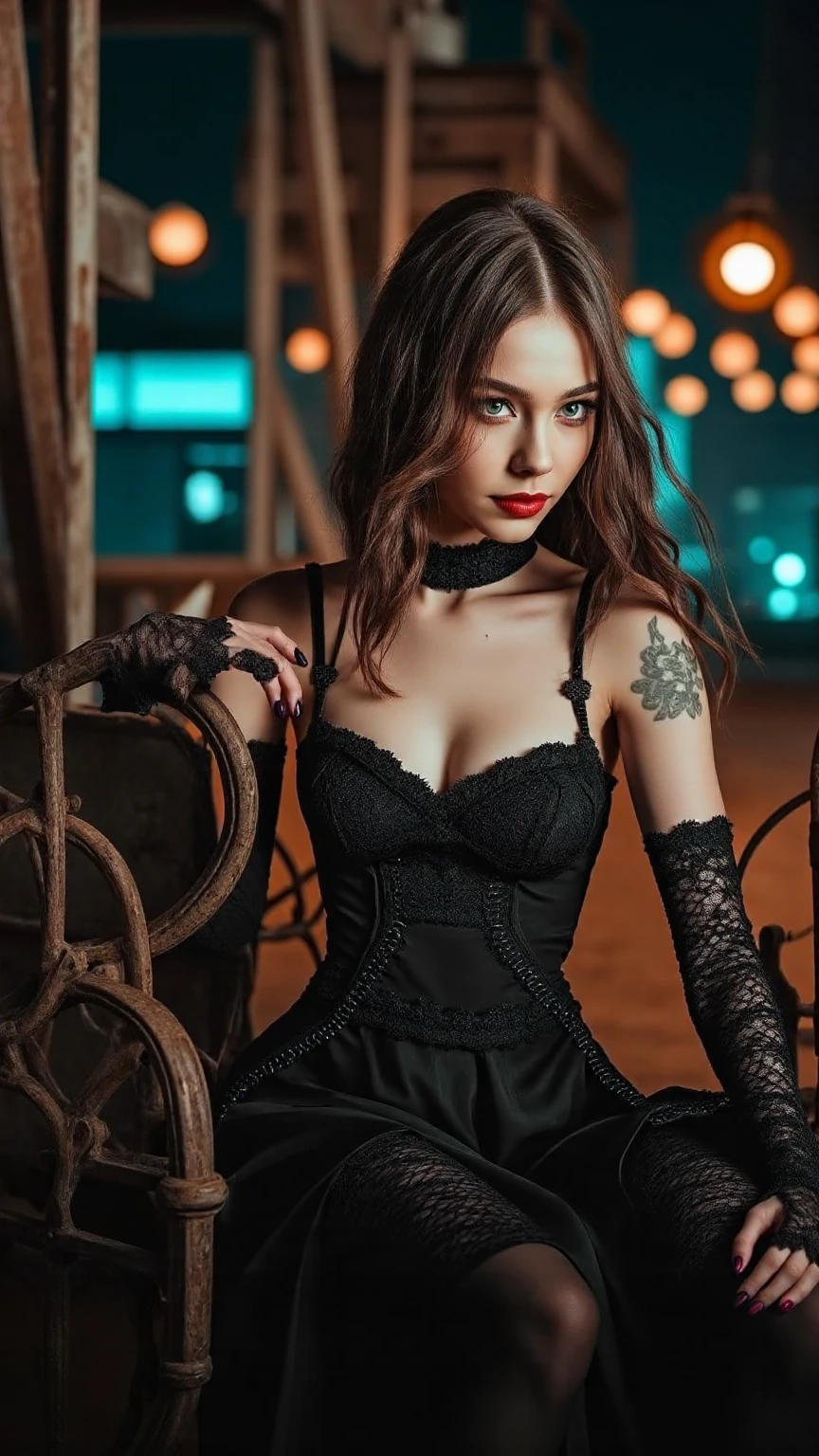 (masterpiece, photorealistic:1.4, extremely intricate:1.3, radiosity, photon mapping, dtx, 8K), intricate details, sharp focus, professional, real life, dynamic pose, BREAK (((Muscular woman, ((body tattoos:0.4, (lounging, black skirt), blackout goth eyeshadow, red lipstick)), golden hour, ((long orange wavy hair, [flat chest:medium breasts:0.8]), indoors, couch), pouting, freckles: 0.7)))