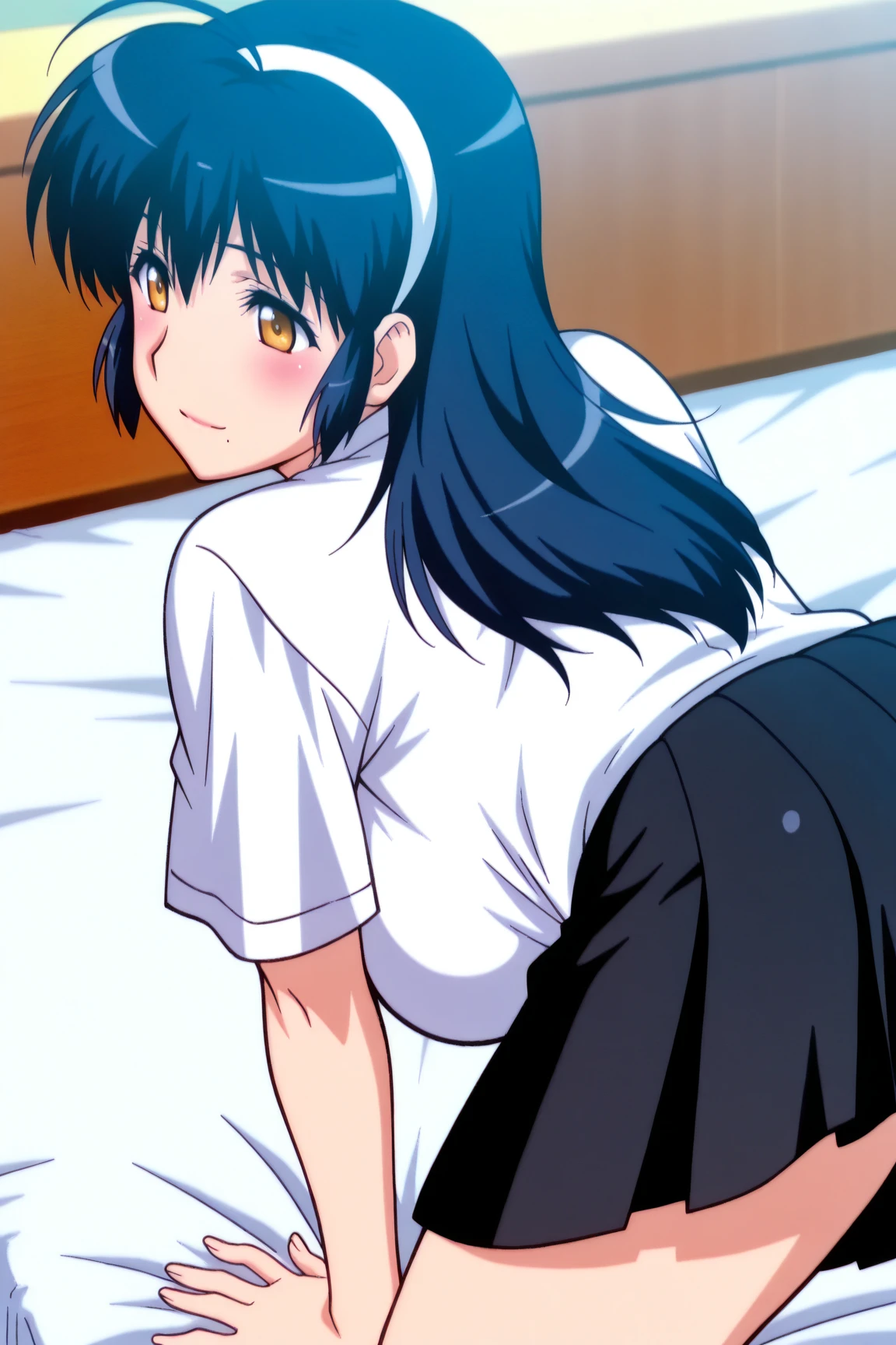 tennis girl's massive rear butt, cheeks out of bottomless slutty mini skirt out bare, showing her butt, lying down, on bed, gloved hands hidden, under pillow, blindfold