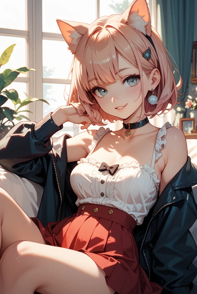 1girl, solo, long hair, breasts, looking at viewer, bangs, blue eyes, skirt, blonde hair, shirt, hair ornament, long sleeves, bow, navel, holding, cleavage, jewelry, medium breasts, sitting, very long hair, closed mouth, collarbone, jacket, white shirt, heart, earrings, frills, food, open clothes, pointy ears, hairclip, midriff, indoors, miniskirt, black skirt, necklace, stomach, bag, open jacket, crop top, parted bangs, black bow, thigh strap, stuffed toy, stuffed animal, holding food, frilled skirt, elf, candy, camisole, lollipop, handbag, stuffed bunny, pink jacket, holding candy, holding lollipop