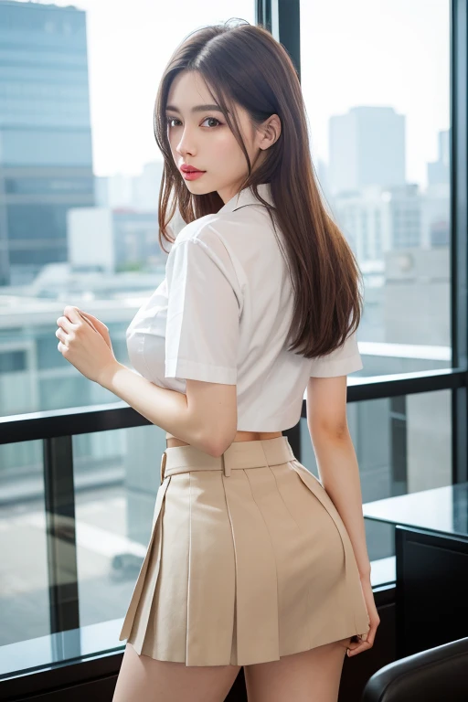 (Masterpiece: 1.3), (8k, Photorealistic, RAW Photo, Best Quality: 1.4), (1girl), Shallow depth of field, Face in focus, Soft Focus, Beautiful Face, (Backlit: 1.5), (Ambient: 1.3), (Realistic Face), (Black Hair, Medium Short: 1.3), Loose Wavy Hair, Short Bangs, Realistic Eyes, Dark brown eyes, highlights in pupils, beautiful detail eyes, (plenty of natural light), (realistic skin), beautiful skin, cardigan, (blouse with white collar), (flared skirt), (pumps), watch, small handbag, absurd, attractive, ultra high resolution, ultra realistic, high definition, golden ratio, detailed dining café background, computer on table, Holding a coffee tumbler in hand, the light from the back window is backlit, the light is pale skylight with natural light, and the natural light lighting from diagonally in front of the face