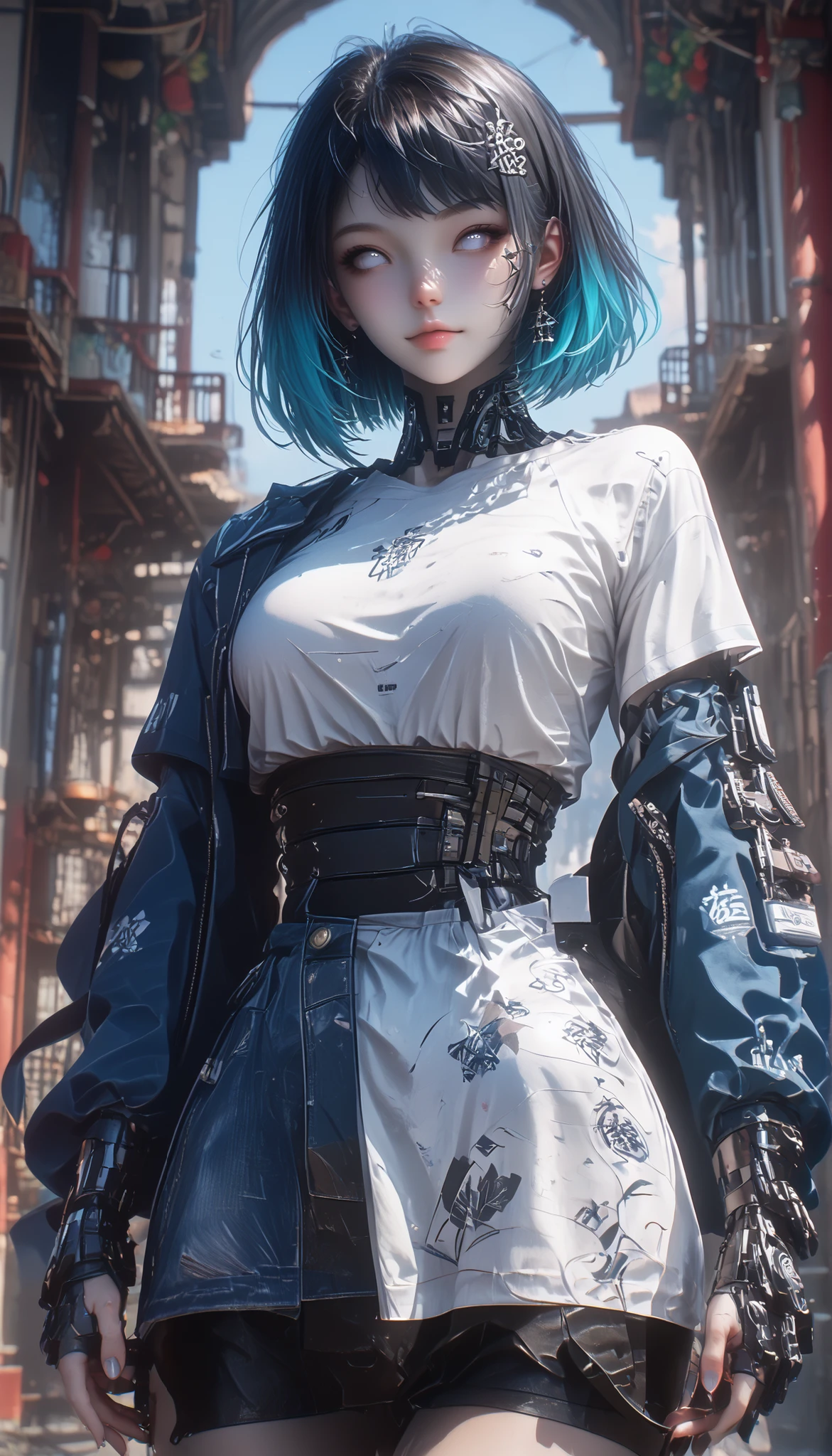 score_9, score_8_up, score_7_up, score_6_up, 1girl, Hinata_Hyūga, Waist-length hair, straight hair, Dark blue hair, (Light Red) gradient hair, White eyes, cute face, Large breasts, curvy, large hips, pale skin, (cyan) t-shirt, denim lants, posing, pinup pose, white background, aesthetic, Rear-angle view, Front-Angle View, standing, face Full Body, Little wrist tattoo, Front dutch angle, smiling