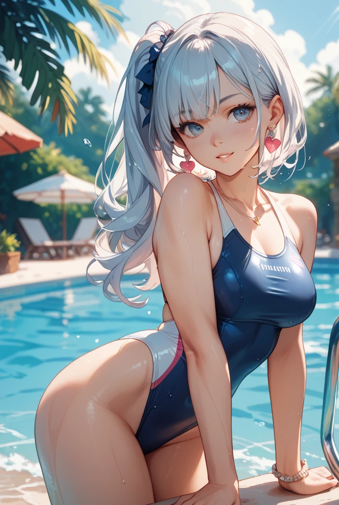 pieces fly、masterpiece、highest quality、Super detailed、High resolution、High resolution、8K portrait、Unity 8k壁紙のHigh resolutionCG、unity 8k wallpaper、cute type little:1.5、upon:1.5、Highly detailed CG unity 8k wallpaper、realistic、real person、cute type little、 portrait photography、shiny skin、High resolution、(18-year-old:1.3)、(1 girl)、beautiful clear eyes、very detailed explanation、delicate face、nice lips、slender body、thin waist、thin legs、(school poolside:1.6)、1 girl, cute type, perfect face, seriously, (blush:1.5),(silver long hair:1.3),(big breasts:1.3), same,(navy blue school swimsuit:1.3),(((nude:1.2))), ((With nipples 1.3)), Detailed description vagina,show vagina,spread legs,spread ,(((Orgasm in the vagina:1.5))),((open your legs:1.5)),((get your knees up:1.5)),((grab knee:1.3))