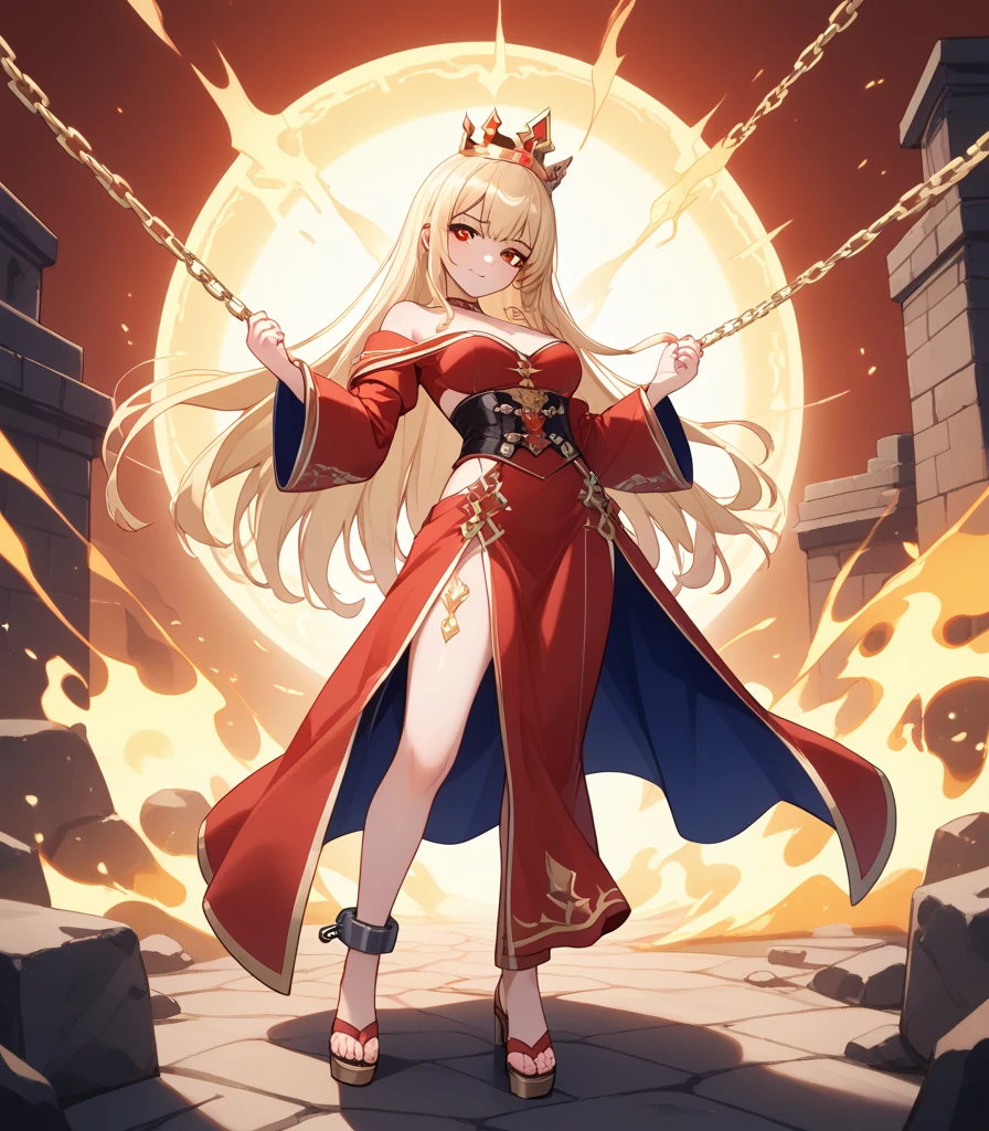 woman, 5 feet in height, very curvy, skin is light golden, hair is long and golden, eyes are golden, wears flowing red robes with thigh windows and gold trim, long flowing red sleeves with shoulder windows, lots of very decorative chain jewelry, serious expression, night sky background