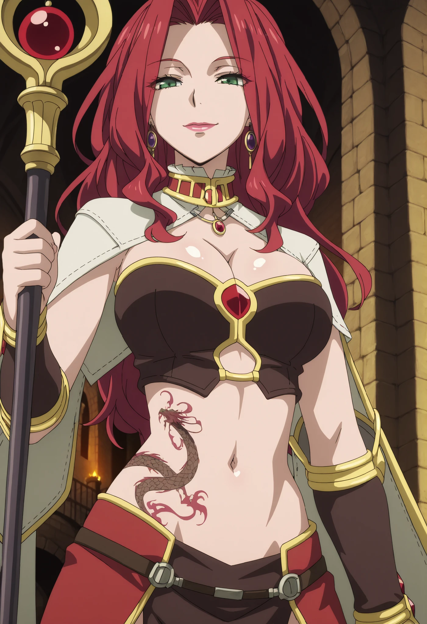 Malty Melromarc (The Rising of the Shiel) beautiful body,athletic body, beautiful breasts, ,visible private parts , ultra detailed image, anime image ,girl, anime malty, excitement, red hair, green eyes , ear piercing, long hair, , lipstick,Hot girl, baddie, sensual, attractive , ,jewelry, earrings, large breasts, long hair, masterpiece, best quality, highly detailed, mage \(ragnarok online\),, cleavage,, (nsfw) not safe for work, holding a staff, hold a staff, exposed belly, exposed navel, exposed midriff, castle,inside castle, ,dragon tattoo on waist, narrowed eyes, tattoo on waist,, , shiny skin, medium large breast, smile