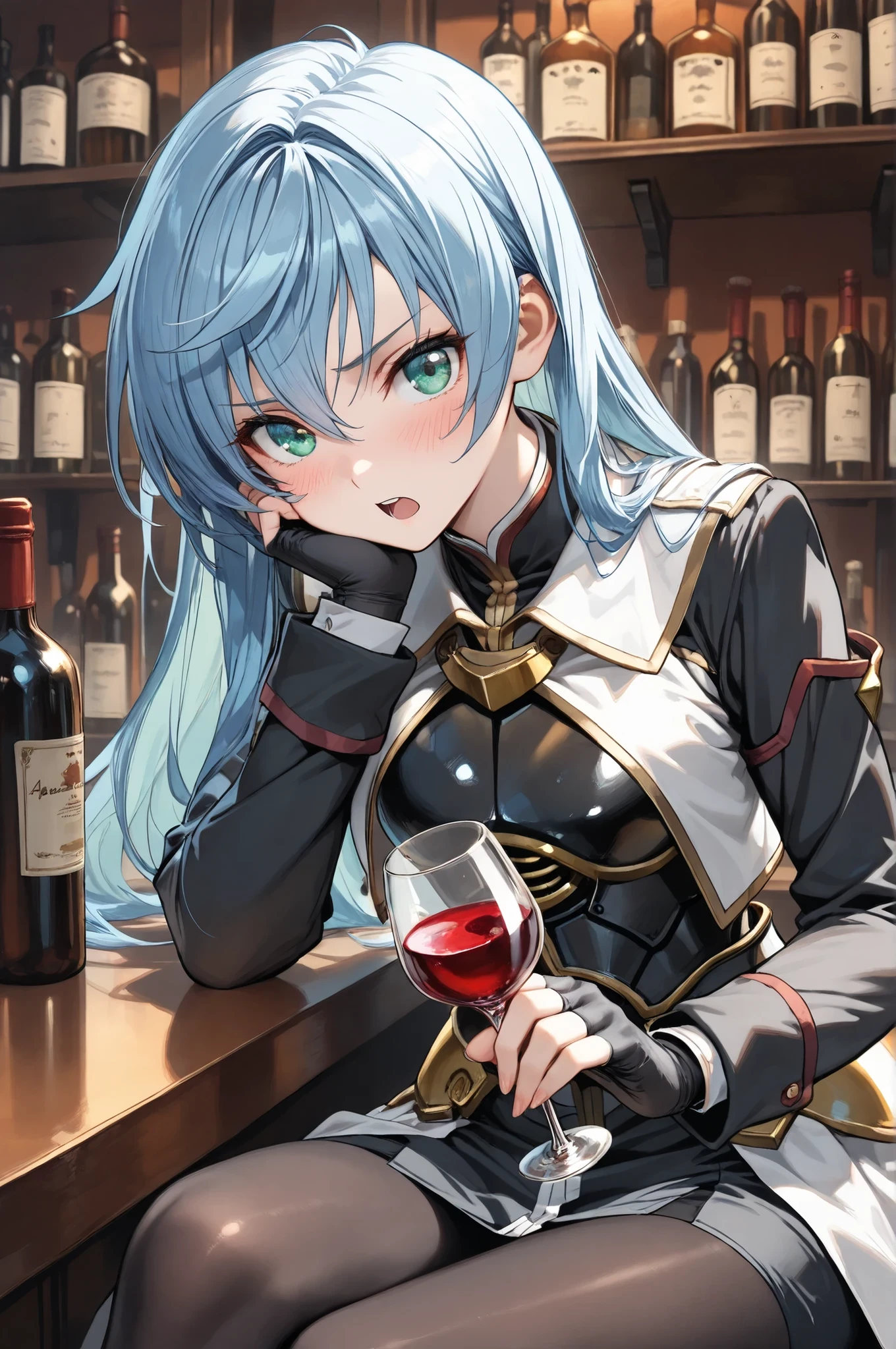 score_9, score_8_up, score_7_up, score_6_up, score_5_up, score_4_up, source_アニメ, Anime, 1 girl, red hair, short hair, blue eyes, Eyes glowing bright green, Abdominal pain, The light sparkles beautifully., Beautiful fair skin, Guillotine Cross Set - Ragnarok Online, Research Laboratory, sit, Medicine table, science glass, Hand holding a round red glass bottle of water, drink red juice, red nectar (Skull-shaped round bottle), Drug research is being done, medicine bottle, friendly, Magical light, Sharp picture, Beautiful detailed pattern