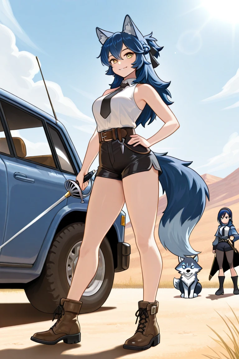 (Masterpiece) (High Detail) (High Res) A short little slim humanoid girl with pale human skin and blue eyes and long blue hair tied up in a long ponytail and blue dog ears and a fluffy blue dog tail and average breasts. She is in a Safari Jeep in the African Plains and is dressed in Safari clothes and is looking around. She is happy with blushing cheeks. Elephant and Lion in background.