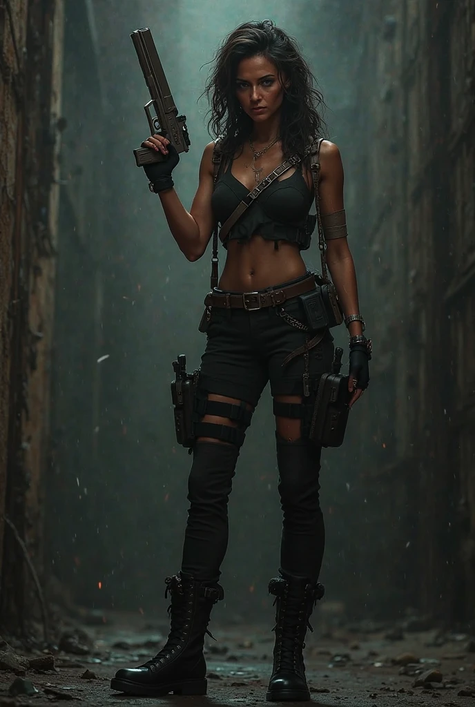 a (full height photograph:1.2) of (ohwx woman:1.3) , (by Alyssa Monks:1.1), beautiful lighting, sharp focus, 8k, high res,Masterpiece, Nikon Z9, Award - winning photograph , athletic body,As Sarah Connor from The Terminator series, wearing a black tank top, cargo pants, and combat boots, showcasing her muscular physique and determination as a fierce warrior. She stands in a post-apocalyptic setting, armed with a shotgun, her steely gaze focused on the looming threat of the machines. , in the style of Steampunk 3D Graphics - "Dishonored" ,<lora:MeganFox:1>