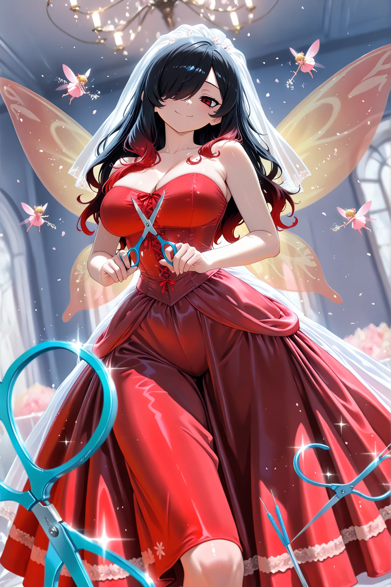 1 girl, Kuroki Monika, red eyes, gradient hair, black hair, red hair, long hair, asymmetrical hairline, hair over right eye, ((large breasts)), (petite but curvy), very cute, lovely, solo, standing in the center wearing a red dress, many Little fairies with fairy wings are flying around, fairies busily decorating the dress, many fairies, fairies are bright and busy with clever laces and ribbons, sewing scissors and needles in their hands, from front, smile, happy, wedding dress, happy wedding, BREAK, holding, good angle, best light, good pose, cool pose, perspective, masterpiece, best quality, very aesthetic, absurdres ,newest, (depth of field),