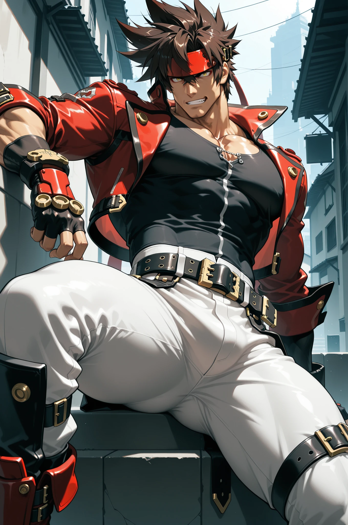 masterpiece, best quality, absurdres, newest, very aesthetic, amazing quality,highres, 1boy, male, Sol Badguy, brown hair, gold eyes, black vest, red jacket, belt, headband,ultra-detailed, intricate details