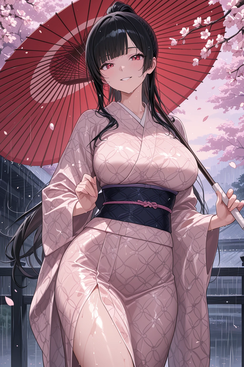 work of art, (pink kimono), alluring face, good lighting, wet transparent lingerie, fine-details, work of art, glare eyes, 1 girl, Bblack hair, best qualityer, ass pov, all-body, Broad Hips,