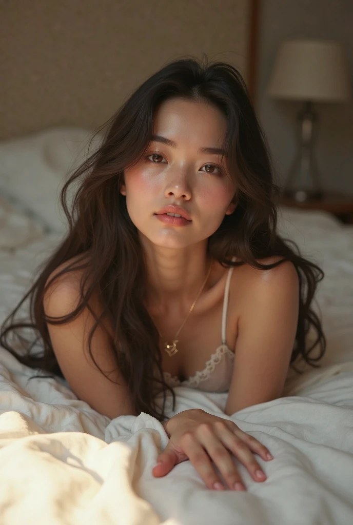 Korean woman,beautiful detailed eyes,long hair,soft smile,serene expression,graceful pose,flawless skin,pretty face,(natural sunlight:1.1),(soft lighting:0.9),(vivid colors),(bokeh),(realistic),(photorealistic:1.37),soft and dreamy colors, ethereal atmosphere,comfortable bedroom setting,fluffy pillows,(floral patterned pillows:1.1),(elegant lace pillows:1.1),(pastel colors),(serene ambiance),artistic composition