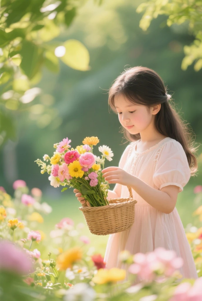 spring has arrived, a girl is busy taking care of flowers in the small garden in her yard, sunlight exposure, warm color, vibrant, beauty, peaceful, high quality, Ultra HD, 4k, 8k, hyper detailed, extreme detail description