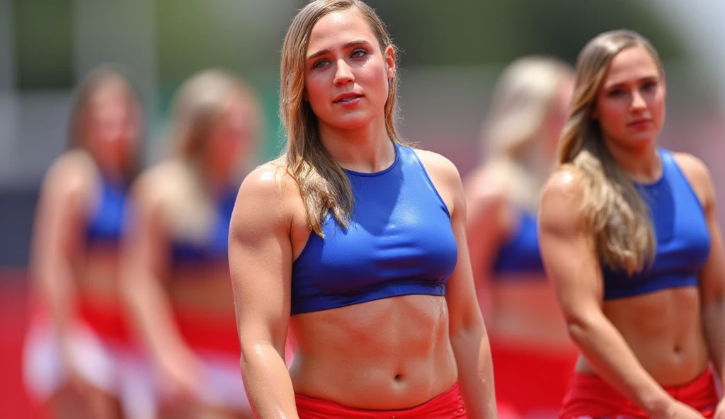 masterpiece, 32k, Realistic Face, Realistic texture ,Japanese ,Navel Female 20 years old ,Short hair ponytail,Huge breasts,((Muscular)) ,Chubby, Beach Volleyball Separate Uniform, raspberry