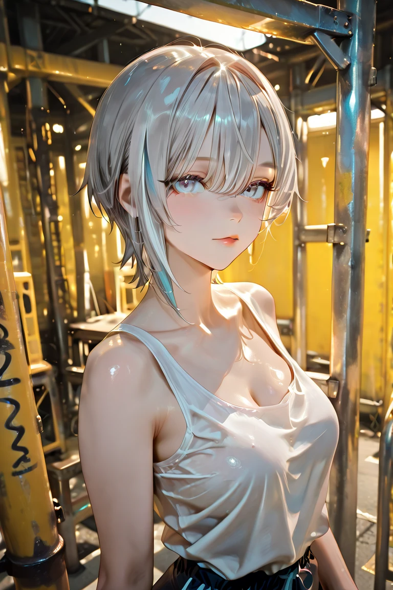 Girl wearing a white crop top, transparent crop top, wet cloth, short hair, wolfcut hair, upper body shot, potrait, studio, plain background, facelight, focused, sharp