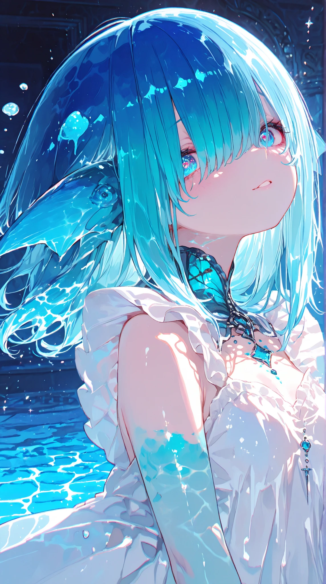 (Masterpiece, Best quality, Super detailed, Best Illustration:1.4), 1 Girl, (Slime girl:1.2), (transparent:1.1), (See-through Clothing:1.4),Sit upright, (refraction,Reflection:1.5) , transparent脸, transparent的body, 肤质transparent, sunshine day,water blue,Spring water background