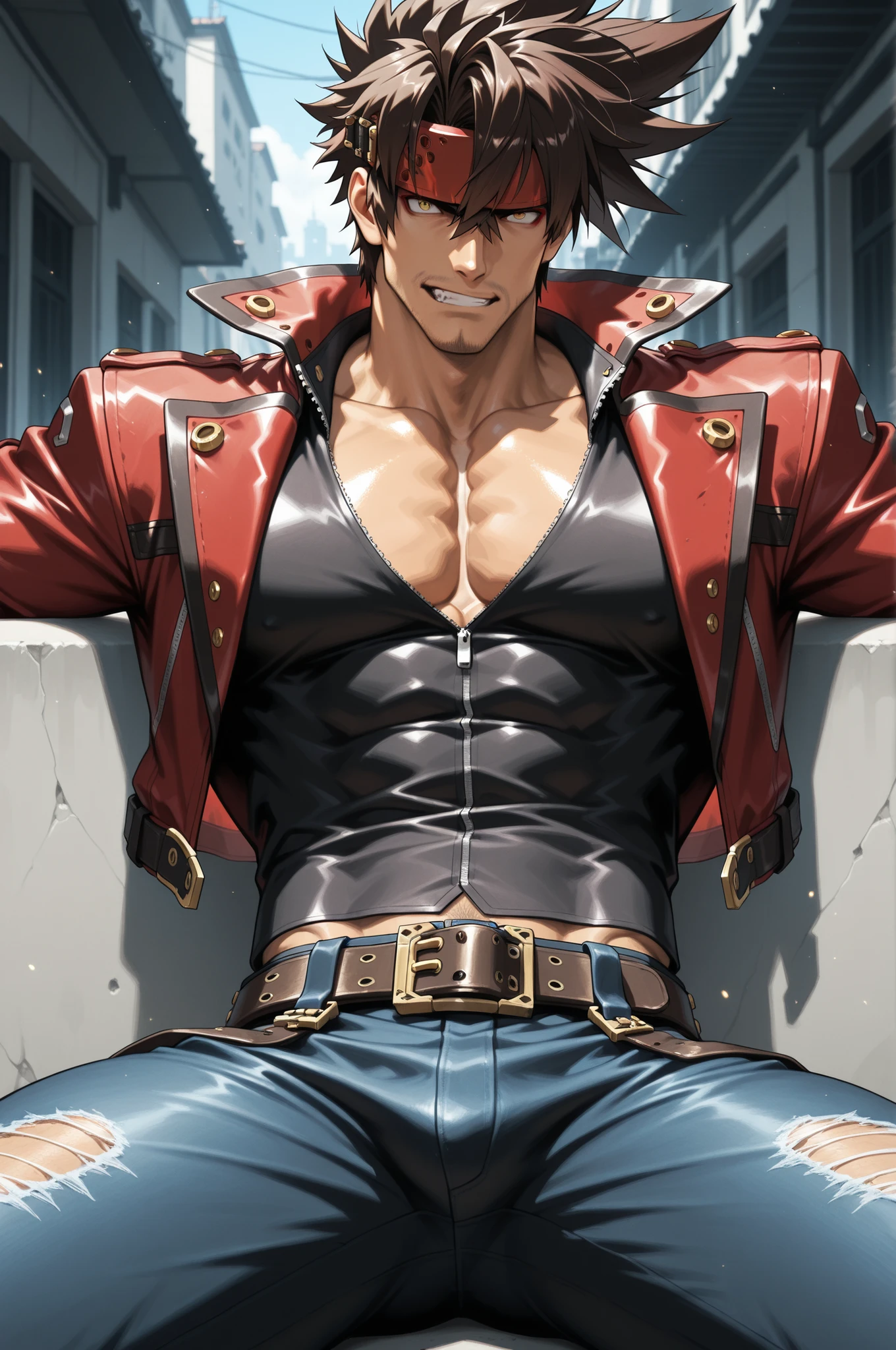 masterpiece, best quality, absurdres, newest, very aesthetic, amazing quality,highres, 1boy, male, Sol Badguy, brown hair, gold eyes, black vest, red jacket, belt, headband,ultra-detailed, intricate details 