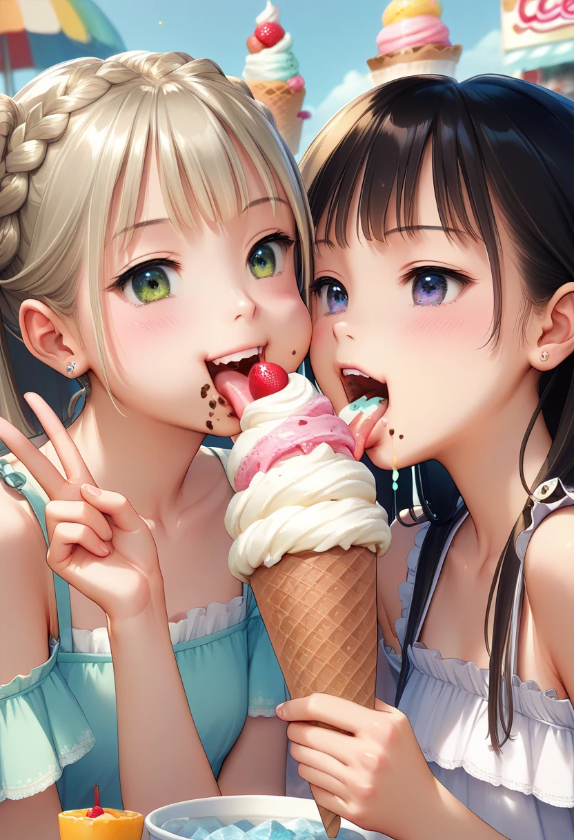 Two very cute 11 year old girls、「A cute girl with long, fluffy pink hair、A person happily eating a big, thick, white ice cream stick with their mouth wide open and stuffing it into their mouth」
