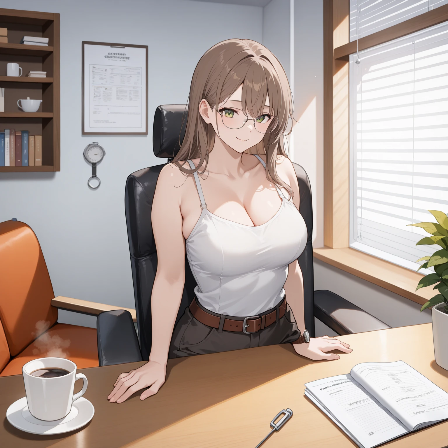 haruka, anime art style, 1girl, solo, breasts, blush, smile, skirt, large_breasts, brown_hair, shirt, cleavage, sitting, closed_mouth, closed_eyes, white_shirt, braid, pantyhose, indoors, miniskirt, black_skirt, single_braid, chair, plant, pencil_skirt, brown_pantyhose, potted_plant, office_lady, office_chair