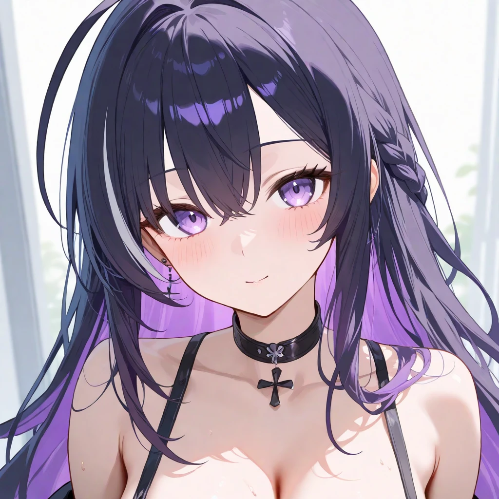 A beautiful girl with violet hair and magenta eyes and a black cornea on her left eye. Beautiful. Her breasts are big. Her clothes are black and her sleeves are white. She wears a bright blue gem necklace. Her hair covers her left eye. Has a bright blue gem on her forehead. Beautiful. Anime ai. Mommy . Her hair is long