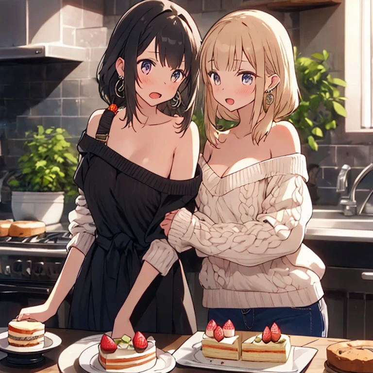 (small breasts:1.3), (perky chest:1.1), (pointed chest:1.0), (Pudding cake magazine cover:1.3)，(from above:1.0),(from side:0.9),masterpiece, 1girl, Amazing Cleavage:1.1, thin waist, big ass, Raised sexy, small breast: 1.3, posed cleavage:1.2、solo, open mouth, have a cute grass of cute beergrass,black hair, dark green eyes, dress, bare shoulders, jewelry, collarbone, sidelocks, hairband, earrings, indoors, off shoulder, sweater, arms behind back, plant, short hair with long locks, gild hairband, sweater dress:1.2, off-shoulder sweater, red sweater, dark gord hair, big side hair, very long side hair,is rendered in (masterpiece: 1.2, best quality), with (ultra high resolution) and an exquisite (depth of field). This masterpiece is not only visually stunning but also tells,A scene of cooking in the kitchen by classroom ,looking at viewer,