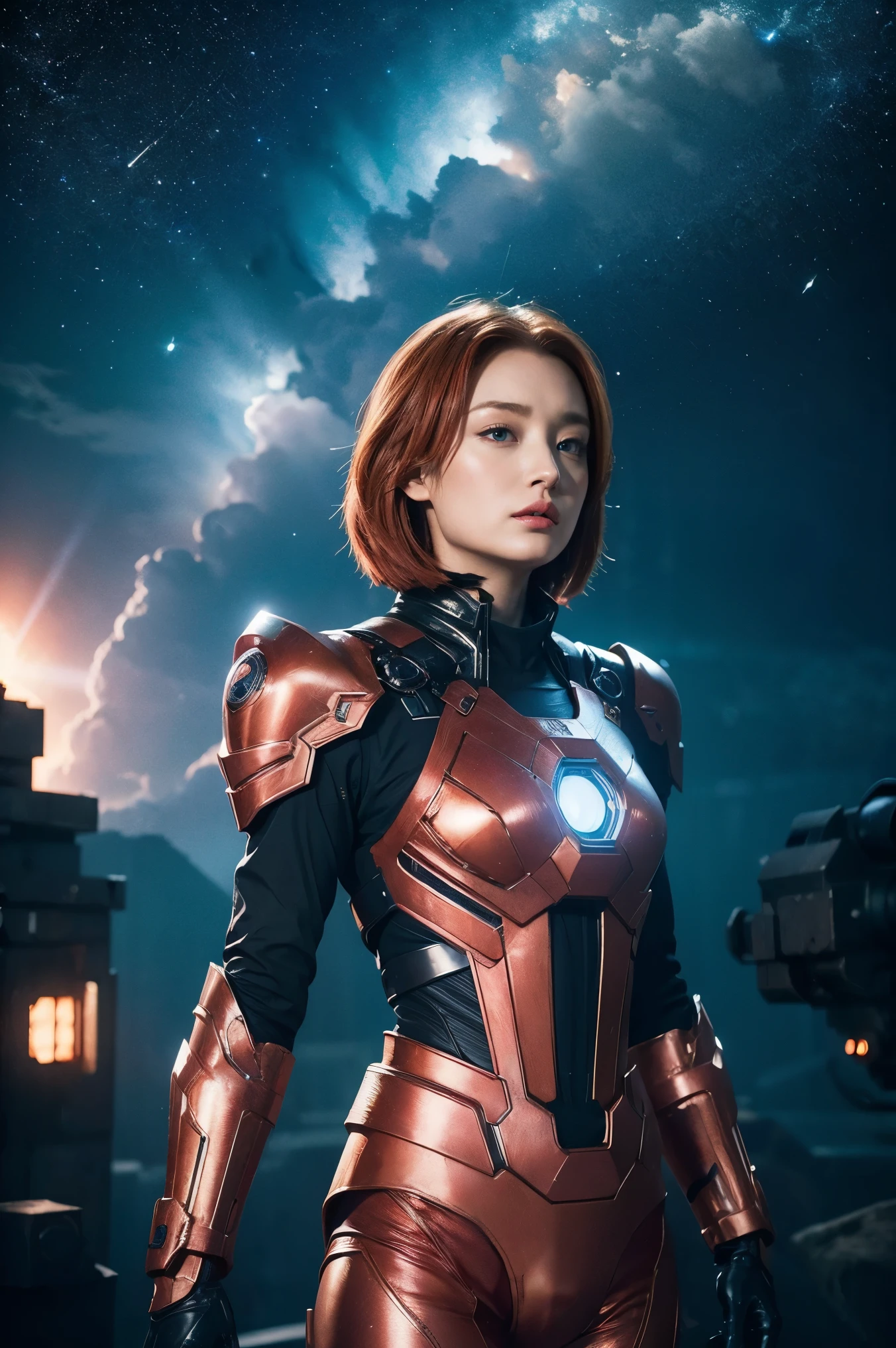 (alone) inconceivable and spectacular an emergency scene of a cloud figure Sophie Turner in a universe cloud, フラクタル星雲鎖, universe,universe船, Vibrant Presence, , unrealistic, high contrast, Symbolism, Mechanical Parts,Weaponized Battle Suit、 illumination, Supersaturation, colorful, 8k、Woman in Scarlet Battle Suit、Copper Layer Bob Cut、boots、With a ray gun