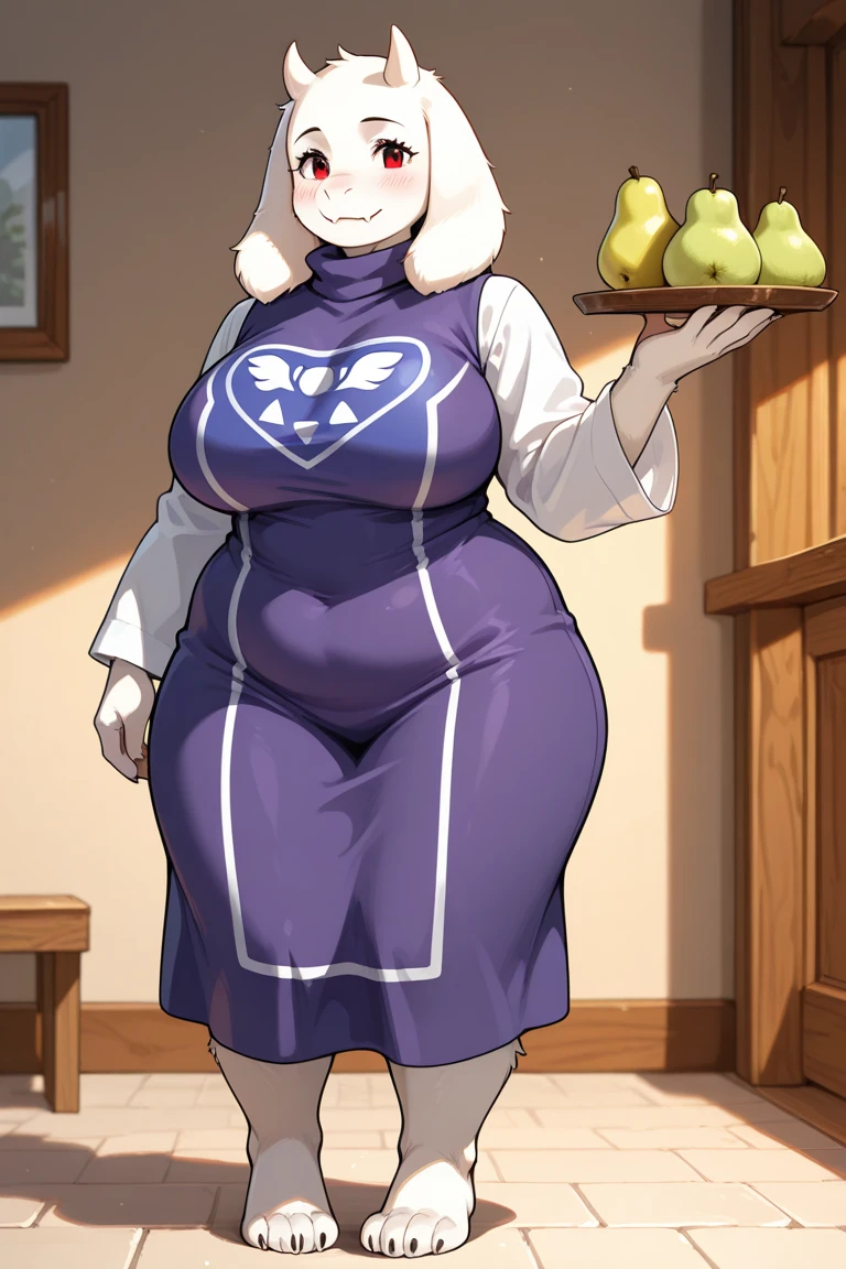 toriel, 1girl, ,book, open_eyes, furry, furry_female, goat_ears, goat_girl,mature female,gigantic huge breasts,fat,Whipped thighs,Females in heat, indoors, standing up,near, smile,A slice of pie on a plate in hand,solo