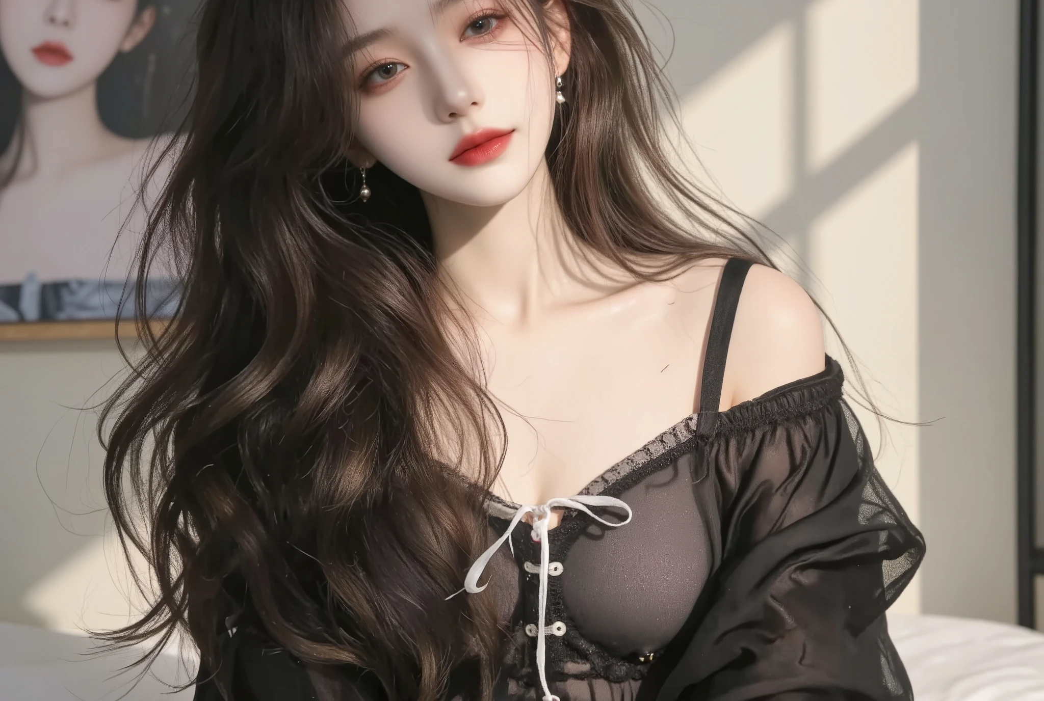 1girl,wearing a 25 year old Korea girl,long wavy and broken hair,perfect make up,red and thin smile lips,stocky and sexy body,very large and very big breasts,very big ass,wearing a white bra lace and underwear lace,wearing a soft transparant light black v neck tanktop short and loose dress,sleep on the bed,a big girl painting and a big glass window background,high realistic and very clear photo