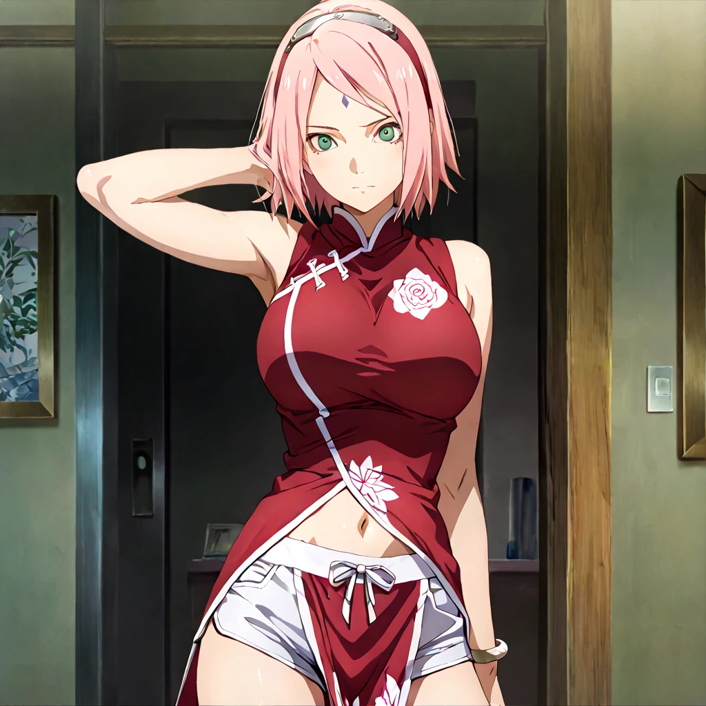 Woman zakura haruno wearing sexy christmas clothes pink hair green eyes small breasts slim legs blushing perfect face detailed eyes detailed voice anime style image style