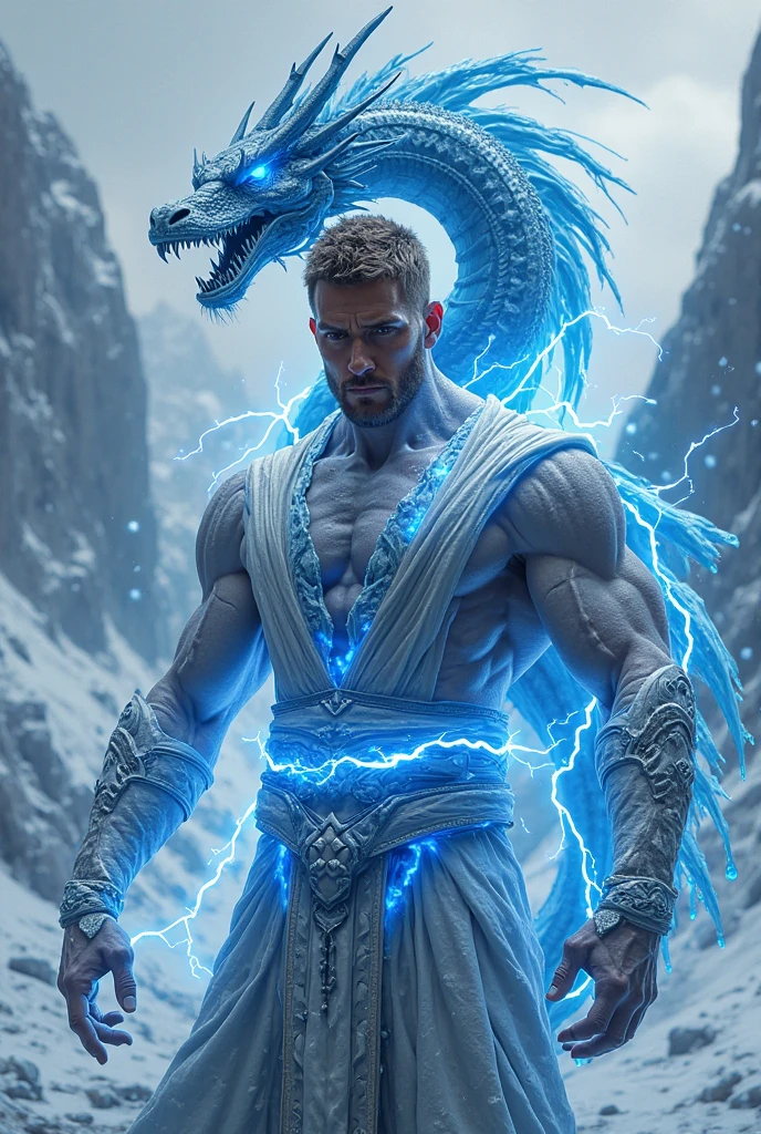 Men's top naked hands up to his arms has big realistic wild blue ice dragon wrapped around snowy icy icy mountains blue mountains blue lightning blue light muscular mortal kombat karetker with icy white skin brown hair blue lightning bolts get a realistic picture