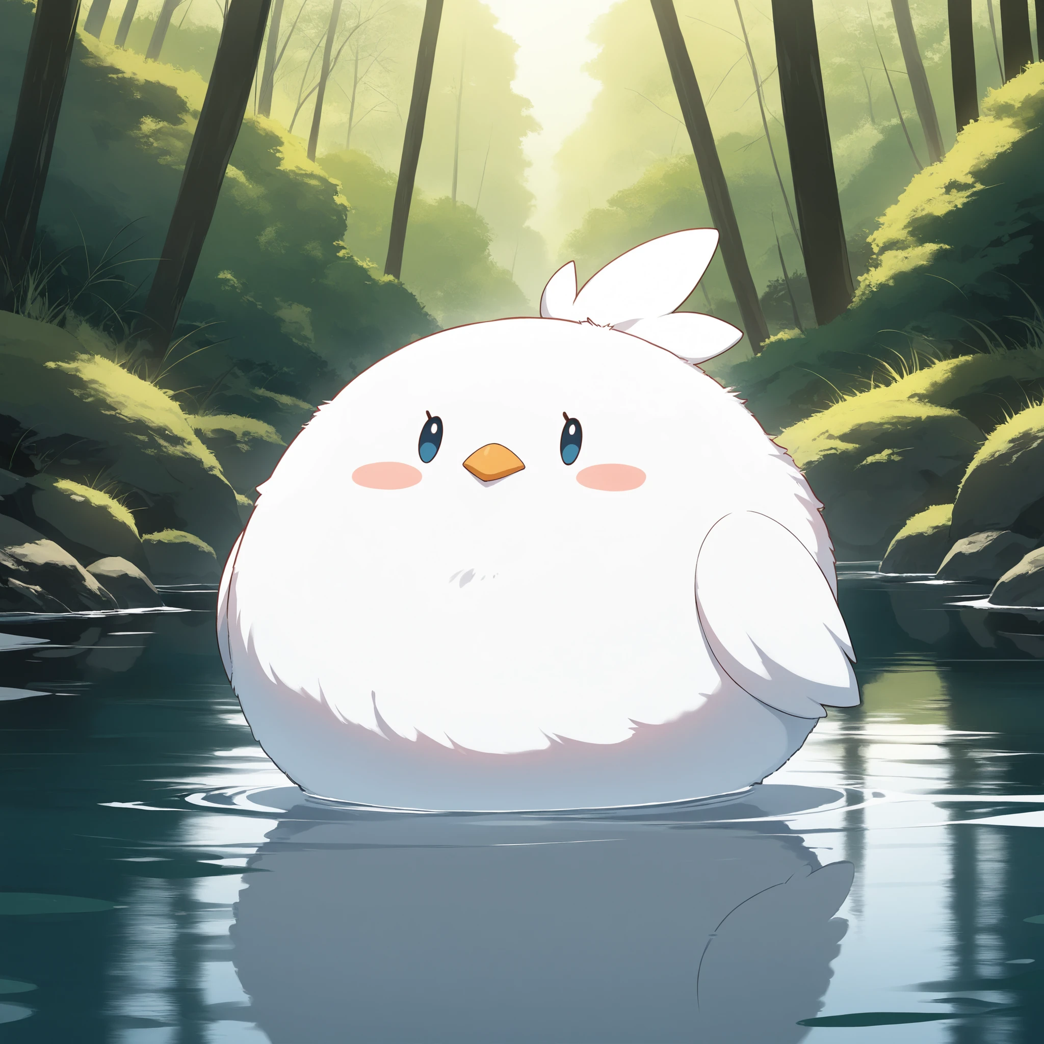 Masterpiece,Best quality, ultra detailed,Japanese Anime style, (pure white sparrow mascot ) , round body, fluffy body,simple face, cute appearance,,beautiful marshes, waterside, nature, playing in the water,