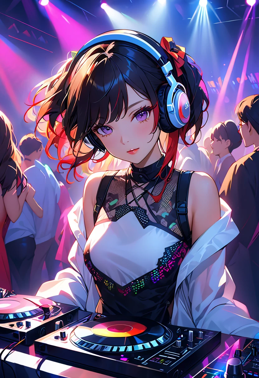 1 girl wearing headphones, beautiful detailed eyes, beautiful detailed lips, extremely detailed face and eyes, long eyelashes, perfect skin, black hair, large breasts, dj, dj booth, dancing to music, club, night live house, red laser lights, blue laser lights, random laser points, virtual reality, golden laser beams, purple laser lights, dj, live stage, realistic fingers, detailed natural fingers, best quality, 4k, 8k, highres, masterpiece:1.2, ultra-detailed, realistic, photorealistic:1.37, HDR, UHD, studio lighting, ultra-fine painting, sharp focus, physically-based rendering, extreme detail description, professional, vivid colors, bokeh
