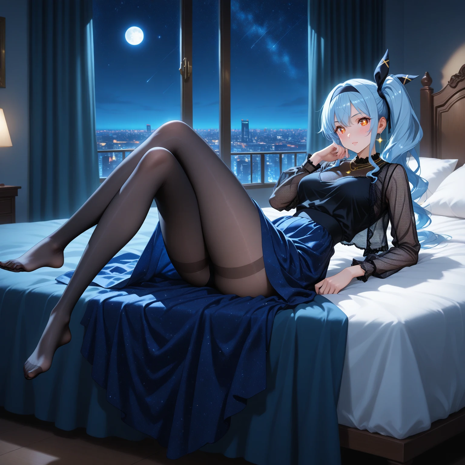 Highest quality, masterpiece, figure, wallpaper,One girl, Light Hair, Beautiful detailed girl, Highly detailed eyes and face, Beautiful attention to detail, Shine,Browsing Caution, View your viewers, night, Black Pantyhose, Straight hair, Red Eyes, Semi-long hair,beautiful light blue hair, Thighs, Large Breasts, Red eyes,beautiful finger, clear background, deep night, smile、Big earrings、bracelet、Gal、snow、smug face, Clothing Red coat、street、winter、outside、Are standing, Black Skirt、sexy