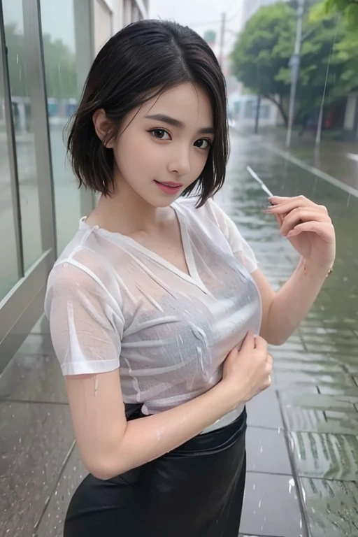 (40 year old beautiful mature woman:1.3),(Beautiful mature woman 60 years old:1.3),(Opening the door to the apartment),(Women of Menhera:1.3),(Oversized ruined shirt showing cleavage,Broken denim pants,(Staring at the audience:1.3),(Wet with rain, gazing at the viewer:1.3),Small breasts,Saggy breasts ,Wet Face,Wet Skin,Wet body,Wet costume,Wet Hair,(Leaning forward:1.3),Red Mouth,clavicle,Wet cute face、Digital Illustration, (Tabletop,Highest quality,Ultra-high resolution output images,) (8K quality),(Picture Mode Ultra HD),