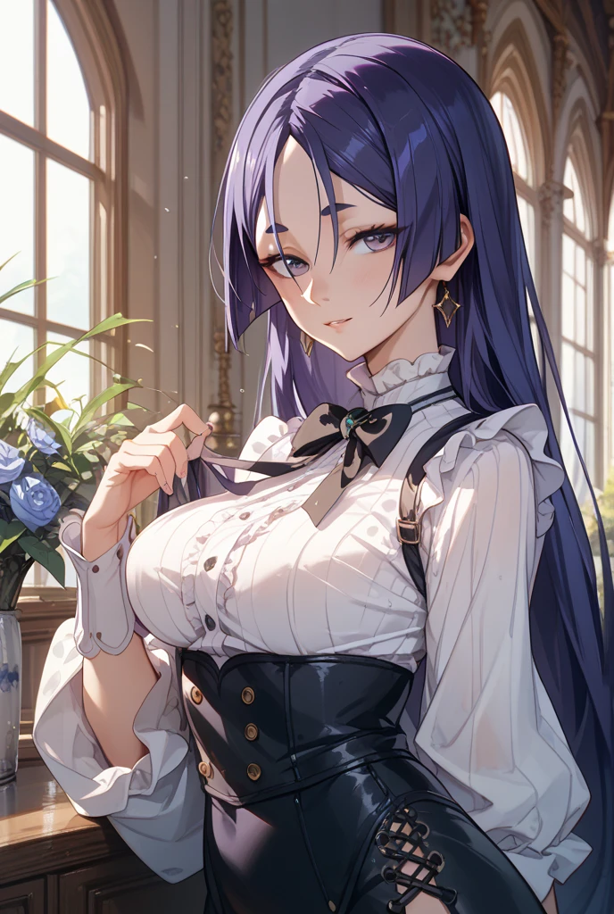 (Mona), 1girl, as a maid, wearing a maid outfit, at a home, Mona's hair, 8k, high detailed, high quality