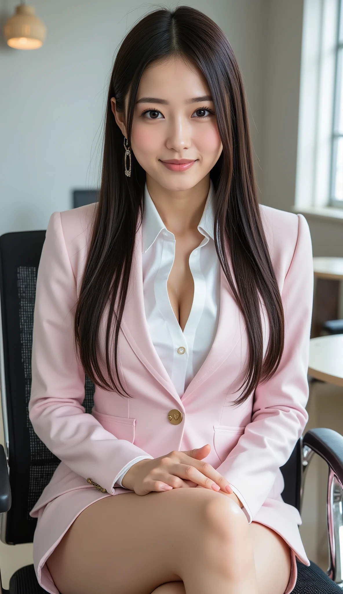 (full body image:1.5), (From the top of her head to the tips of her feet :1.8), (Beautiful leg line from thighs to high heels:1.5), Sleek long black hair , Professional Office Lady with Long Dark Hair,  is sitting in a chair with her legs crossed, The height of the chair is 60cm, Highest Quality, detailed eye and skin textures, Studio Lights, 30 years old,  dark eyes, elegant, medium chest, Plump Lips, earrings, light pink tight suit, white blouse, miniskirt, brown pantyhose, high heels, name tag, long sleeve,  slight motion blur , light motion blur, side view, Focused Expression, full body, (put your shins or toes or high heels:1.5),