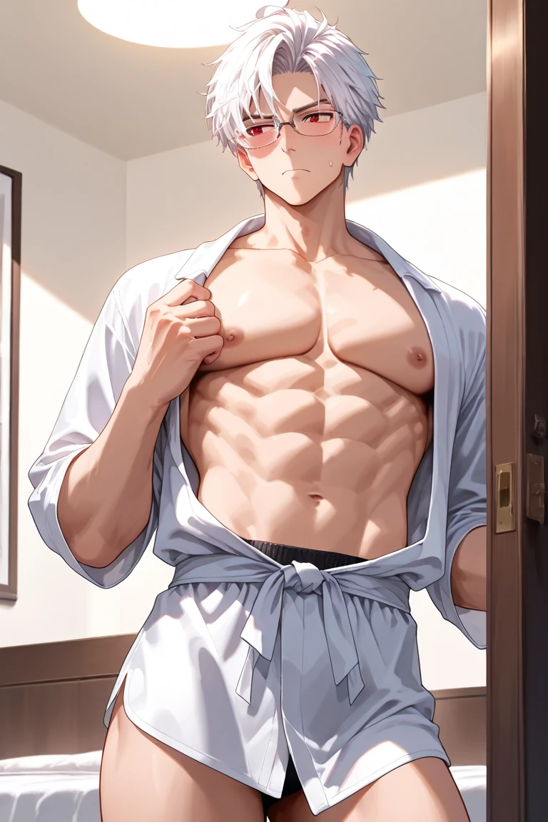 A beautiful anime-style boy with a well-defined sixpack, perfect facial features, detailed eyes, sharp jawline, piercing gaze, intricate hair, glowing skin, dynamic pose, dramatic lighting, vibrant colors, cinematic composition, intricate details, highly detailed, 8k, photorealistic, masterpiece
