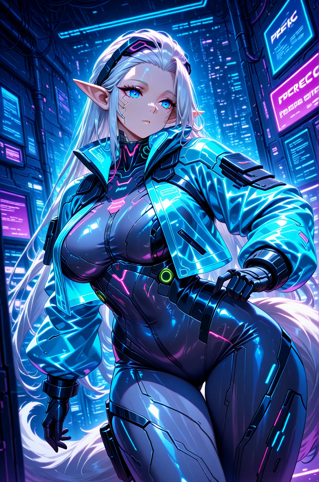  High-key and low-variance brightness levels,Soft Light,Realistic light and shadow,Light and dark intertwined,(Target your audience:1.4),Looking at the audience,dramaticangle,(Solitary:1.6),(masterpiece),(best quality),(high resolution),(By famous artists),(((Official Art))),(author：Paul Hedley),(illustration),1 Girl,(freeze),(Elf),Agent Female,(Medium breasts:1.5),(Camel toe),(whole body),(Round Face),(Pointed ears),(Slender legs),(Standard stature),(Detailed beautiful face),Glowing skin,Glowing skin,(Jointed fingers),Umbilical cord,Stomach,(Swimsuit:1.4),indoor,(Cyberpunk City,Kowloon,rain),(Against the wall),((Poker face)),blush,((permanent)),Hands on Hips,(Green Eyes:1.3),(White hair),Long hair,Double tail,partedbangs,(Reflective hair),(individual)