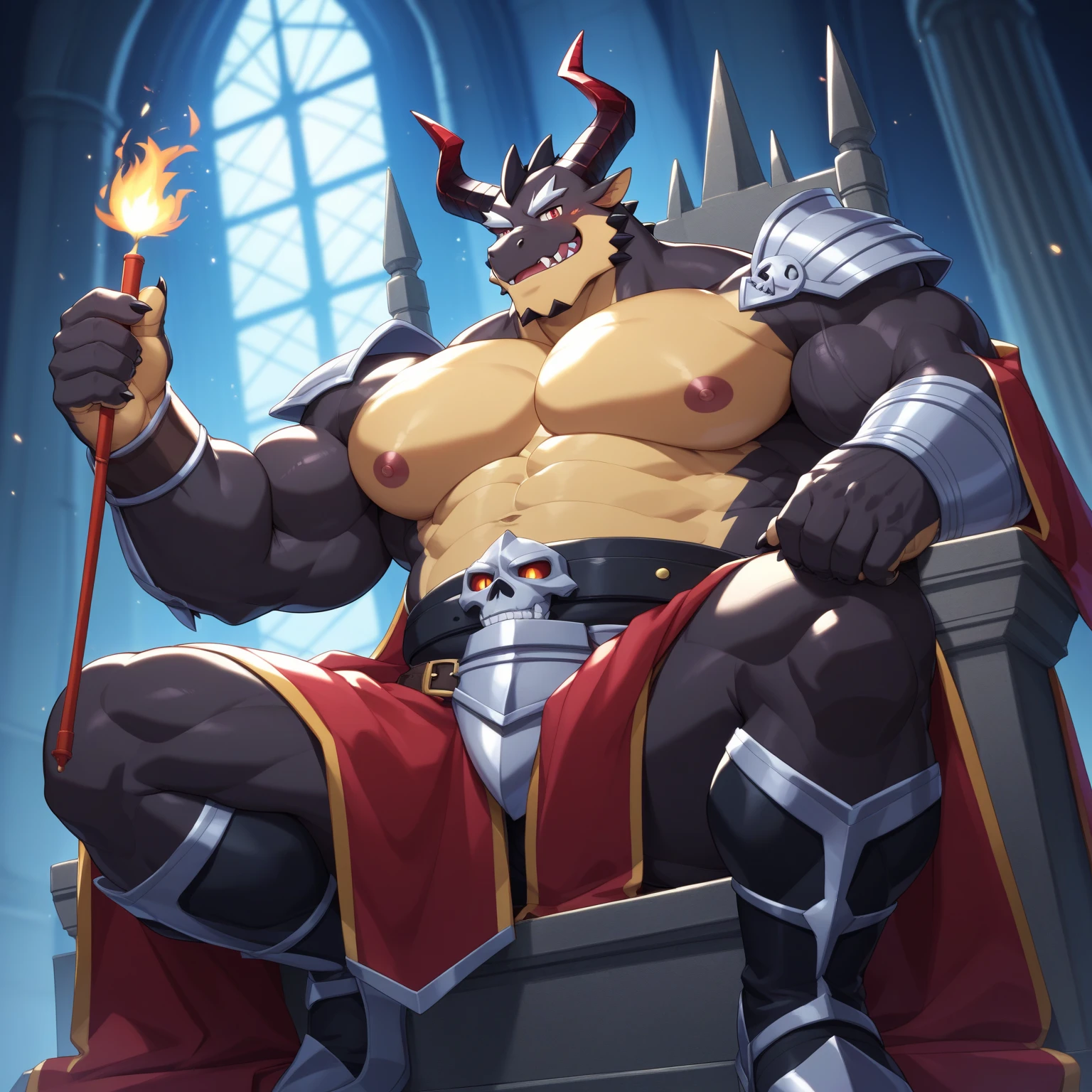 (((By darkgem, detailed, high quality, view from front, from front))), (((dragon, dark blue skin, anthro, scalie, orange horns, muscular male, muscular arms, muscular legs, huge pecs, abs, nipple piercing))), ((castle interior, dark room, dimly lit, dark room, throne)), ((huge penis, thick penis, flaccid penis, foreskin, huge balls, saggy balls, precum, precum drip)), ((sitting down, sitting in throne, dynamic pose, grinning, mischievous expression))