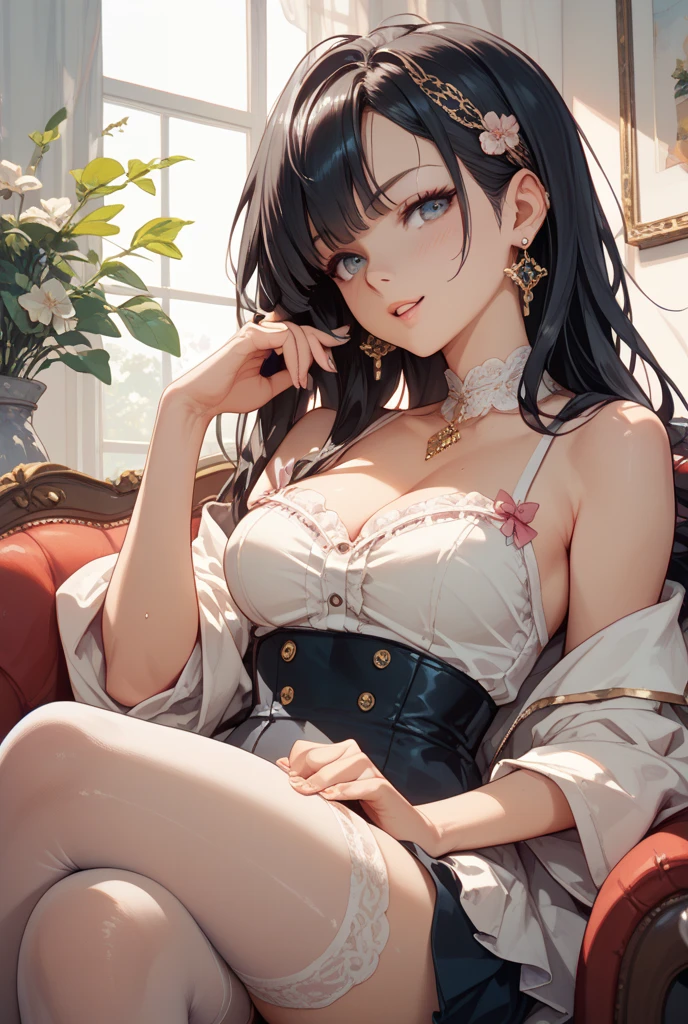 best quality, highres,Slender、Brown eyes、tall、Black Hair、(Forehead Baring:1.7)、(Bun Hair:1.3),Straight Hair、Luxury Hotel、(White lace bra:1.5)、(Black long skirt:1.3)