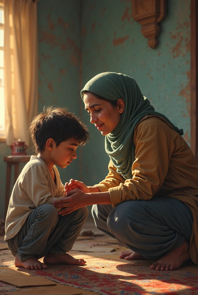 Kurdish woman in black headscarf talking with her son in in room view from side full body 