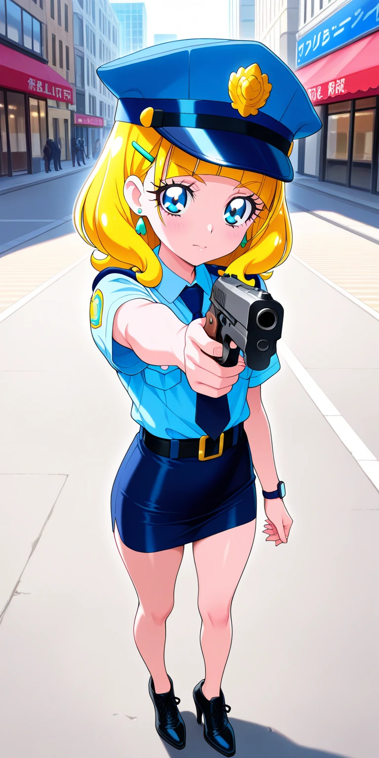 leni loud, 1girl, solo, 24yo girl, large breasts, green cheongsam, inside of a chinese temple, looking at viewer, blonde hair, two hair buns , hands score_9, score_8_up, score_7_up, guarding the stairs behind her, a door infornt of the stair, pointing pistol, aiming pistol at you, job : guardian