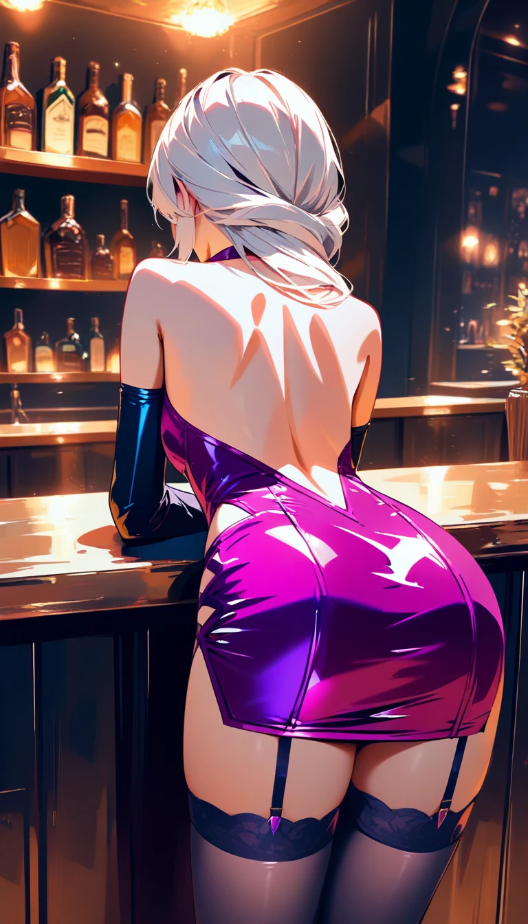 Please follow the all prompts below exactly and faithfully, This is a breathtaking masterpiece of digital illustration, with maximum resolution, UHD, 512K, 2160p, 10 million ppi, 300 million dpi, natural color tones, ultra sharp details, perfect outlines with contrast, **most realistic skin and hair textures**, most beautiful detailed eye features, perfect anatomically correct human body, beautiful background with depth, rule of thirds, depth of field, Maximize all element is used to its full potential to create the best digital illustrations, (from behind:1.5), looking back, 1woman, sexy, 25years old, beautiful face, elegant woman, solo:1.3, Ultimate perfect body style, shiny blonde hair, long hair, pony tail, beautiful blue eyes, beautiful big breasts, Maximize upturned breasts, glossy very thick lips, pink lipstick, smile, Ultimate unique erotic design, pink clothes, ((pink bodycon dress:1.5)), (see-through pelvic curtain:1.5), (intricately designed lace:1.5), (Amazing see-through:1.5), at the bar,