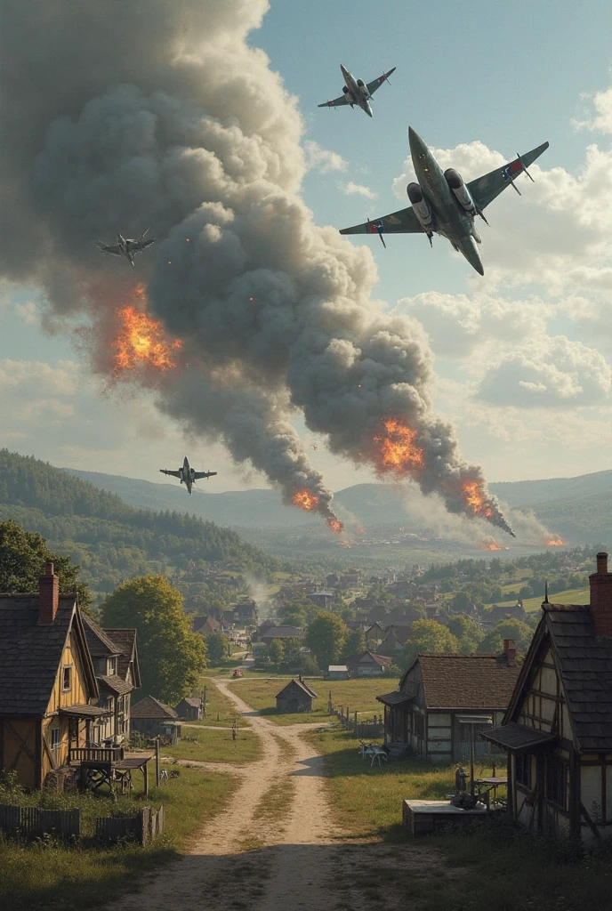 Le village de villeneuve de la raho attaquer par hitler une armée de char dans la plaine se fait pilloner par des rafale avion francais et par les canon cesar postée sur la place du village vue du ciel a 100m