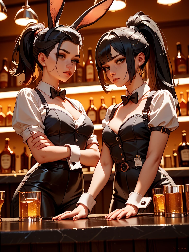 Big bust. Wide hips. Green eyes. Freckles. Black lipstick. Gothic tank top. Jean shorts. Purple and black stripped leggings. Black hair in pigtails. In bar sitting on bar stool. One girl.