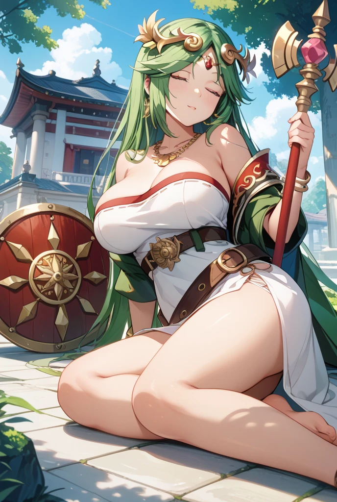 warrior queen, short black hair, tanned skin, wide hips, Big bust, with wooden mallet, Dressing: plume with green feathers, gold earrings, short white tunic, leather huaraches, war makeup.