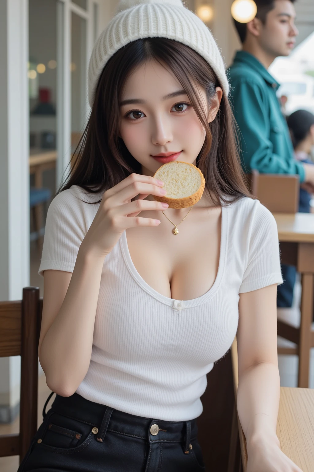highest quality, masterpiece, Ultra-high resolution, (Realistic:1.4), 16 years old,((Erect nipples)),RAW Photos, One girl, Most popular Japanese idols, (At the bakery, Looking happily at the many pieces of bread, At the bakery楽しい時間を過ごす), Mr.々Details of different types of bread, Tight clothing, A very cute smile like the most famous Japanese idol, Perfect Proportions, Very cute face like the most famous Japanese idol, ((Very beautiful big black eyes)), Very beautiful short black hair, Detailed bakery