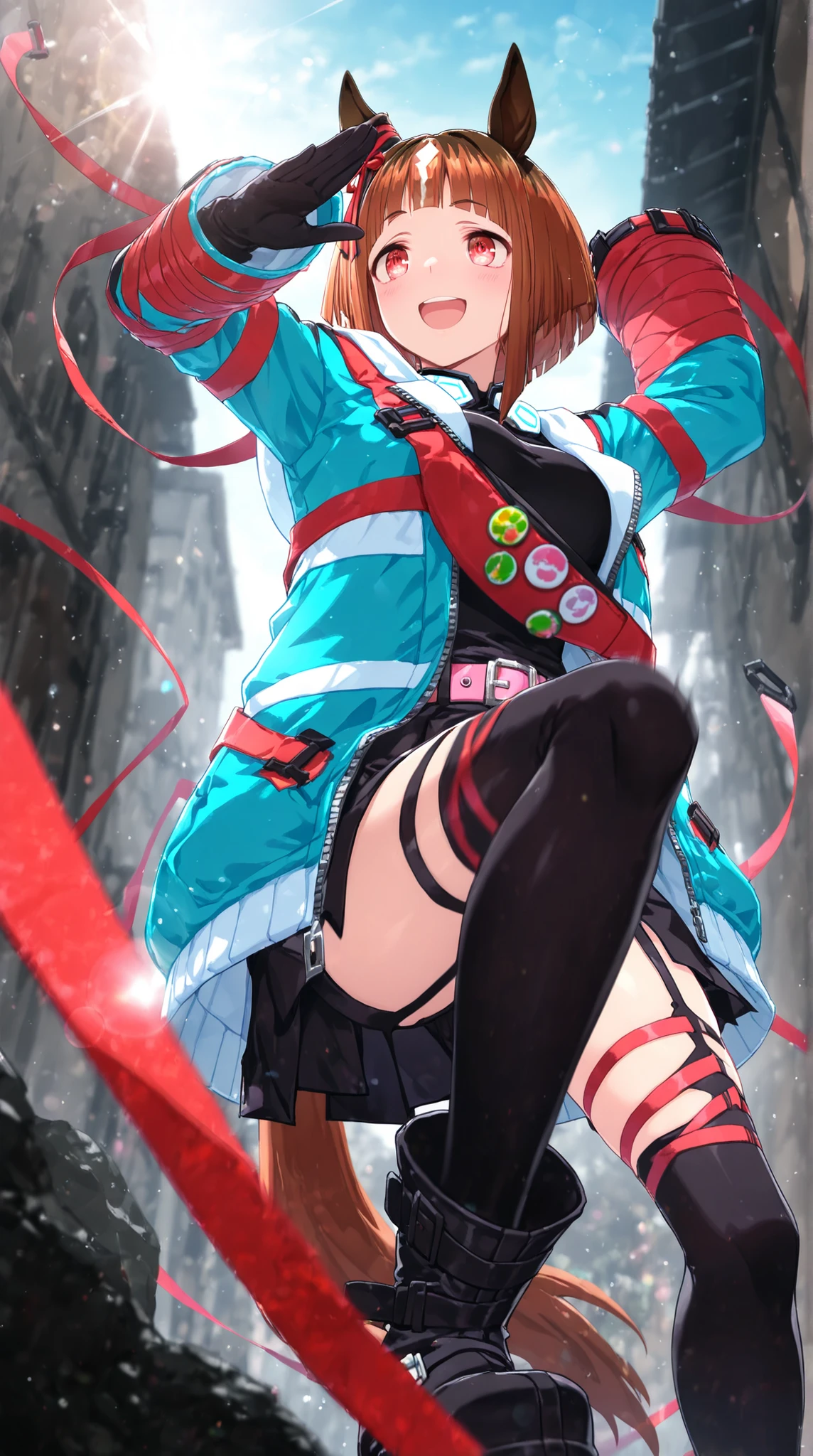 masterpiece,Highest_quality,
transcend\(Uma Musume\), 1 girl, horse ears, horse tail, full body, viewers looking straight up, long sleeve, badge , open jacket, multicolor hooded jacket, Asymmetric Black Thigh Length Stockings , mismatched boots, Asymmetric Black Garter Straps, red thigh belt, single ear accessory, Red Body Bag , pink waist belt, black turtleneck shirt, White Neckband , Black Wrap Culotte Skirt
motion blur, Lens Flare,
open your mouth, big smile,
light,Lens Flare,light particles,Outdoors,dynamic pose