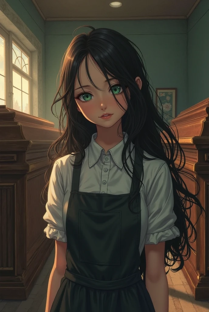 (Best Quality, masterpiece , Ultra High Resolution, (Realistic:1.4), Original photo, 1girl, Mature, Cinematic lighting), detailed and realistic face, Beautiful detail eyes and lips, green eyes, long eyelashes, expressive facial features, long black hair, straight hair, Natural Skin Texture, vibrant and vivid colors, Soft natural lighting, serene ambiance, solid color background, Realistic Shadows, High contrast, Fine artistic details, Professional illustration style, Harmonious color palette, depth and dimension, Exquisite brushwork, Realistic texture, professional portrait, Dreamy and surreal atmosphere,