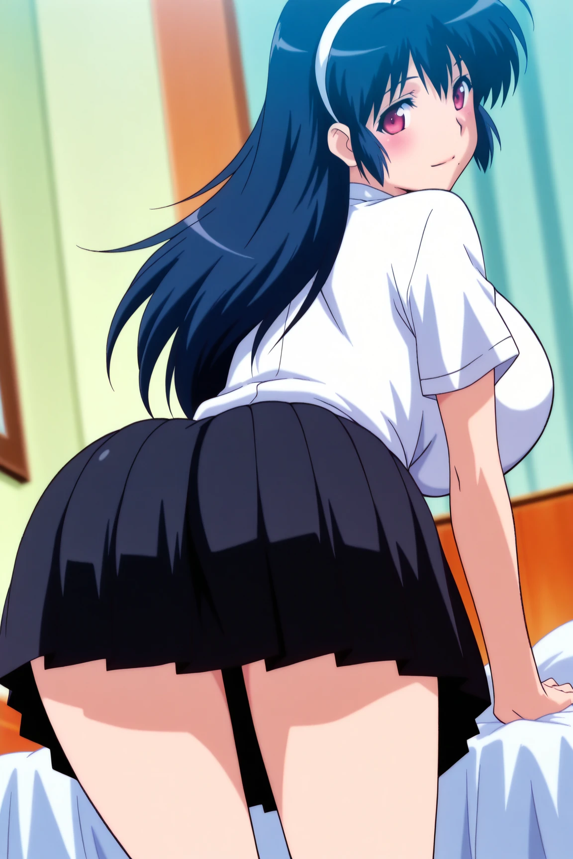 ((table top、highest quality、High resolution、nffsw、perfect pixel、8K、nffsw))、(1girl)、solo、beautiful anime girl、beautiful art style、Roxy_Migurdia(mushoku tensei)、blue eyes、Crimson blue hair、small breasts、(underwear)、(Calm)、(panties on)、(())、satori、(Calm)、Expressionless、looking at the viewer、dynamic angle、(Low - Angle)、(lower body)、((Sexy))、bed in the room at night、((crawl on all fours、stick out your butt、look back))、(White lace panties)、