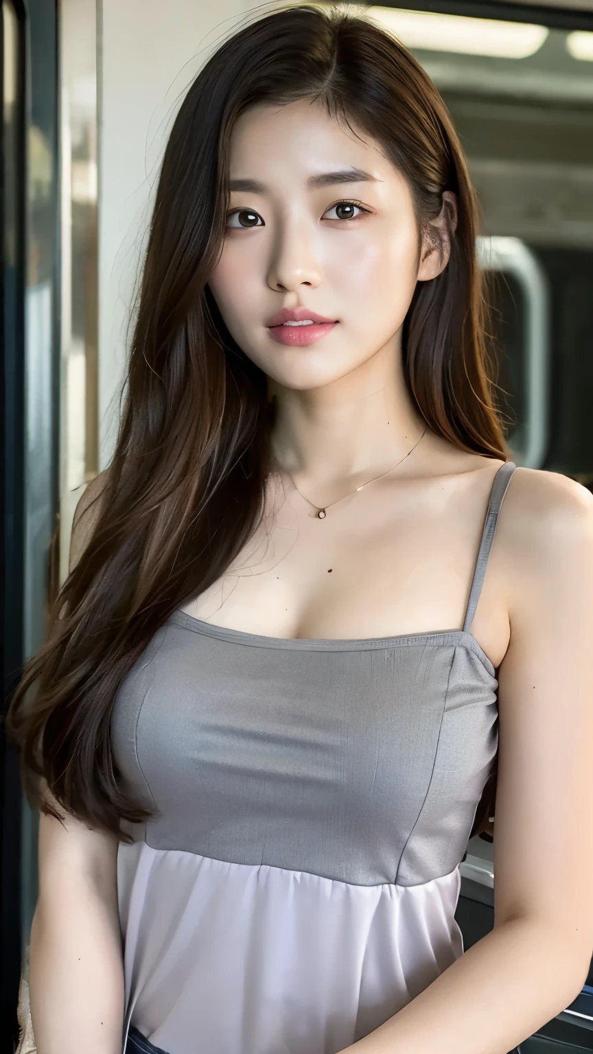 ((realistic:1.5)),((best quality)), ((Masterpiece)),((details)), (1 girl), 22-year-old beautiful girl, facial mix of korean actress Kim Ji-won, and phoebe cates, (half body:1.5), Tightening muscles, big thighs, Narrow hips, green eyes, large breasts, (details face, beautiful brown eyes, clear background:1.5), (dynamic gesture), (Normal skin, long hair, Sketched eyes, specified face, bracelet, half body), Wear school dress , (revealing the chest, revealing large breasts, deep cleavage. Show your sexy face), sitting in the cafe,